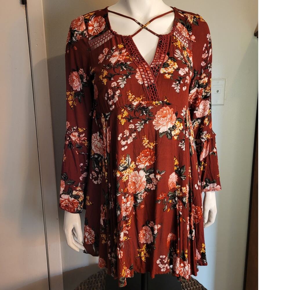 Umgee Boho Cottagecore Festival Dress Small Rust Dark Floral Lace Bell Sleeve